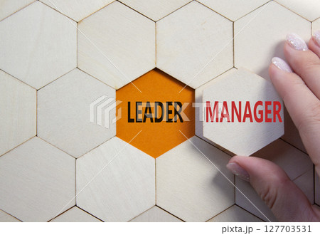 Leader or Manager symbol. Concept word Leader or Manager on wooden comb puzzle. Businessman hand. Beautiful orange background. Business and Leader or Manager concept. Copy space 127703531
