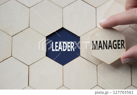 Leader or Manager symbol. Concept word Leader or Manager on wooden comb puzzle. Businessman hand. Beautiful deep blue background. Business and Leader or Manager concept. Copy space 127703561