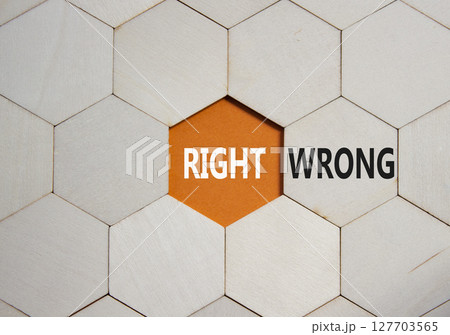 Right or Wrong symbol. Concept word Right or Wrong on wooden comb puzzle. Beautiful orange background. Business and Right or Wrong concept. Copy space Right or Wrong symbol. Concept word Right or Wrong on wooden comb puzzle. Beautiful orange background. Business and Right or Wrong concept. Copy space 127703565
