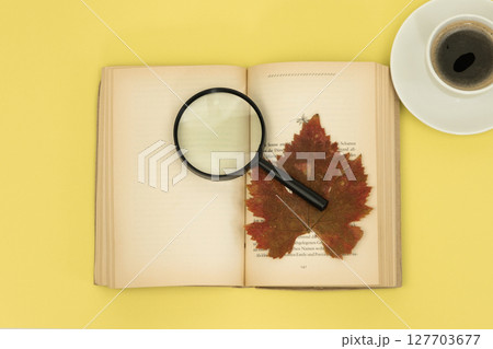 Open book with magnifying glass top view. Reading the book in the fall. Reading literature with coffee Open book with magnifying glass top view. Reading the book in the fall. Reading literature with coffee 127703677