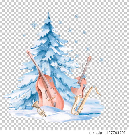 Quartet of musical instruments in the snow against the background of a New Year tree. Isolated watercolor illustration for the design of Christmas invitations, postcards, concert tickets. 127703901