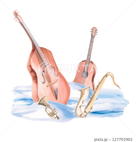 Quartet of musical instruments in the snow. Isolated watercolor illustration for design of Christmas invitations, cards, concert tickets, poster printing. Quartet of musical instruments in the snow. Isolated watercolor illustration for design of Christmas invitations, cards, concert tickets, poster printing. 127703902