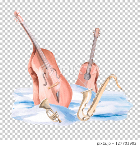 Quartet of musical instruments in the snow. Isolated watercolor illustration for design of Christmas invitations, cards, concert tickets, poster printing. Quartet of musical instruments in the snow. Isolated watercolor illustration for design of Christmas invitations, cards, concert tickets, poster printing. 127703902