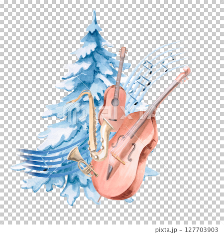 Composition of musical instruments against the background of a New Year tree. Isolated watercolor illustration for the design of Christmas invitations, postcards, concert tickets, printing on posters. 127703903