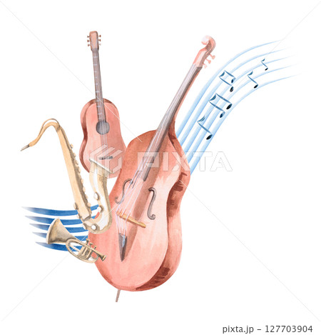 Composition of musical instruments against the background of a musical staff. Isolated watercolor illustration for the design of invitations, postcards, concert tickets, printing on posters. 127703904