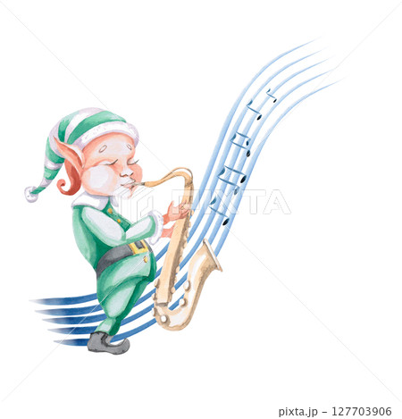 Elf playing saxophone against the background of a musical staff. Isolated watercolor illustration on a musical theme for decorating invitations, postcards, concert tickets, printing on posters. Elf playing saxophone against the background of a musical staff. Isolated watercolor illustration on a musical theme for decorating invitations, postcards, concert tickets, printing on posters. 127703906