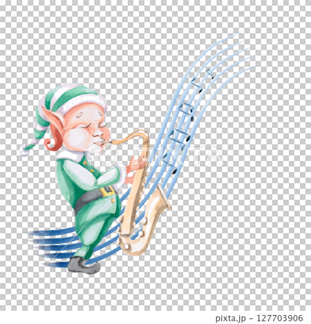 Elf playing saxophone against the background of a musical staff. Isolated watercolor illustration on a musical theme for decorating invitations, postcards, concert tickets, printing on posters. Elf playing saxophone against the background of a musical staff. Isolated watercolor illustration on a musical theme for decorating invitations, postcards, concert tickets, printing on posters. 127703906