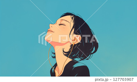 目を閉じ上を見上げる女性 127703907