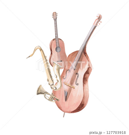 Musical instruments composition. Isolated aquarel illustration of jazz instruments quartet for invitations, postcards, concert tickets, poster printing. 127703918