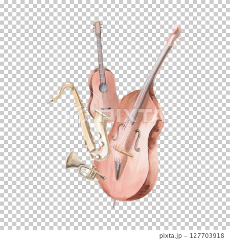 Musical instruments composition. Isolated aquarel illustration of jazz instruments quartet for invitations, postcards, concert tickets, poster printing. 127703918