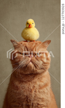 Grumpy ginger cat with fluffy duckling on head 127703928