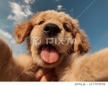 Golden retriever puppy selfie with tongue out 127703936