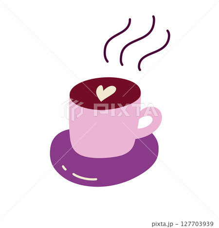 Flat cartoon vector illustration of coffee cup in doodle style. Hand drawn hot drink with steam for cafe menus, morning routine, food packaging, cozy lifestyle, coffee break and beverage themes 127703939