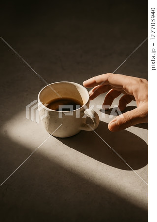 Morning espresso in handmade ceramic mug 127703940