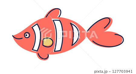 Flat cartoon vector illustration of clownfish character in bright kids style. Orange and white fish icon, striped tropical marine animal for ocean childrens designs, education, underwater life 127703941