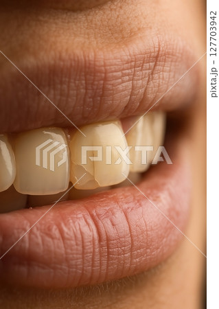 Close-up of chipped front tooth and lips 127703942