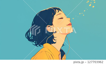 目を閉じ上を見上げる女性 127703962