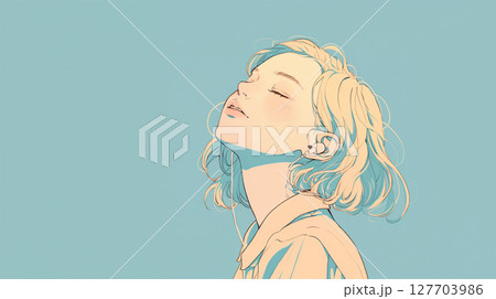 目を閉じ上を見上げる女性 127703986