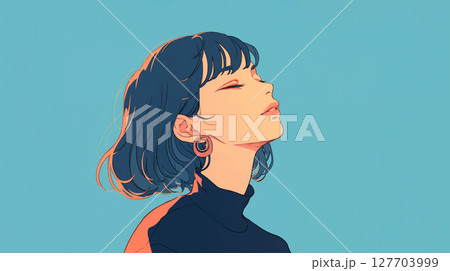 目を閉じ上を見上げる女性 127703999