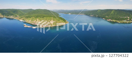 Panorama of the port of Baikal and the source of the Angara River. Panorama of the port of Baikal and the source of the Angara River. 127704322