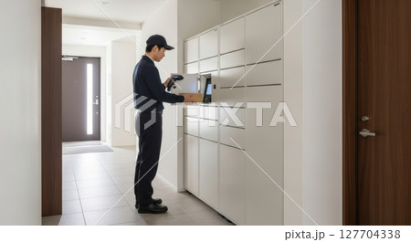 宅配ボックスに荷物を投入する配達スタッフ 127704338