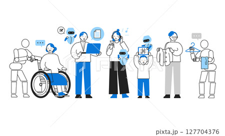 AIと共生する男女、人々のAIで解決する社会のイラスト　AIと共生する人々 127704376