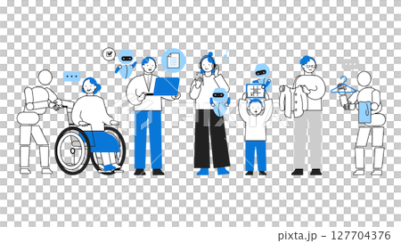AIと共生する男女、人々のAIで解決する社会のイラスト　AIと共生する人々 127704376