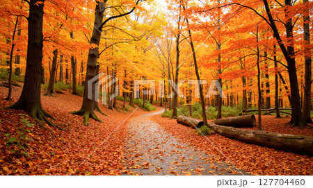 Winding path through beautiful autumn forest with colorful orange trees, peaceful nature landscape for walking or hiking concepts 127704460