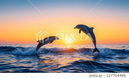 Two beautiful dolphins jumping from ocean at sunset, romantic symmetrical scene of amazing wildlife freedom, joy and pure nature 127704466