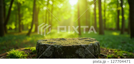 Mossy tree stump as natural podium in sunlit green forest, empty pedestal for organic cosmetic product presentation 127704471
