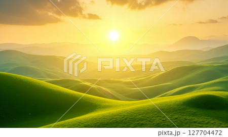 Epic fantasy landscape of vibrant green rolling hills at sunset, beautiful and surreal nature scene with amazing golden light 127704472