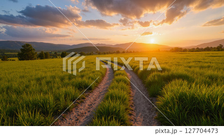 Beautiful country road through green field at sunset, scenic summer landscape with amazing mountains and very colorful cloudy sky 127704473
