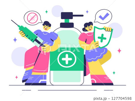 Antibacterial Vector Illustration Featuring Handwashing, Virus Prevention, and Microbe Control for Hygiene and Healthcare in a Flat Background Antibacterial Vector Illustration Featuring Handwashing, Virus Prevention, and Microbe Control for Hygiene and Healthcare in a Flat Background 127704598