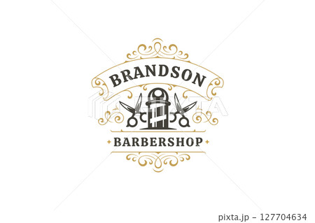 Vintage Retro Barbershop Logo Featuring Scissors and Barber Pole for Professional Grooming Services 127704634