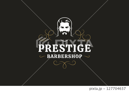 Elegant Black and White Barber Shop Logo with Male Head, Beard, and Gold Ornaments 127704637