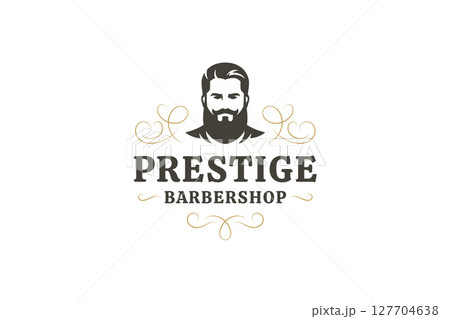 Vintage Retro Barbershop Logo Featuring a Bearded Male Character with Ornate Elements 127704638