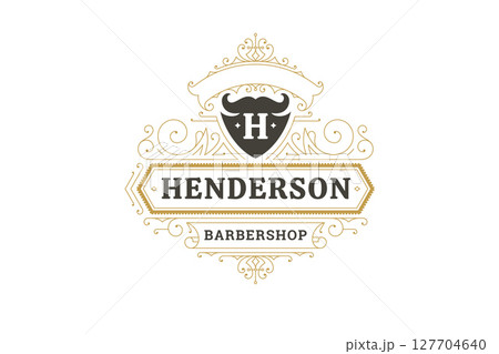 Vintage Retro Barbershop Logo with Ornate Emblem and Bearded Male Barber for Grooming Services Vintage Retro Barbershop Logo with Ornate Emblem and Bearded Male Barber for Grooming Services 127704640