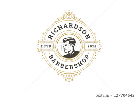 Vintage Retro Barbershop Logo Featuring a Male Character with Mustache and Ornate Design 127704642