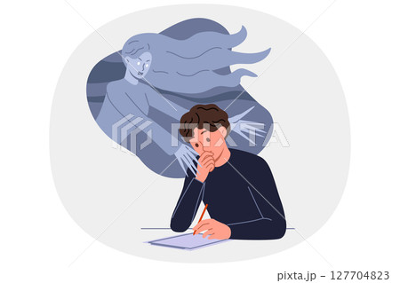 Man artist draws woman monster on electronic tablet to illustrate horror game with terrible scenario 127704823