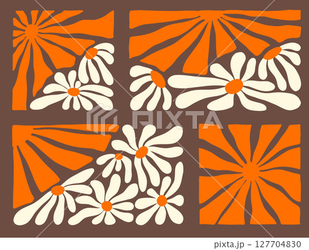 Vibrant 70s wavy patterns with floral elements in orange and cream colors 127704830