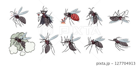 Cartoon mosquito character. Funny flying blood sucking insect, bloodsucker different poses and actions, annoying parasitic gnat, repellent symbol, malaria dengue tidy vector isolated set 127704913