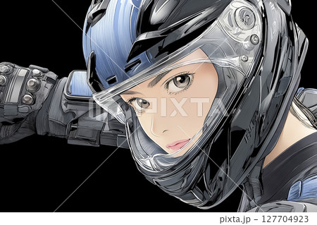 女性ライダーのアップのイラスト素材　黒バック 127704923