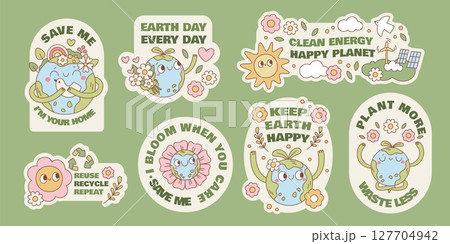 Earth mascot stickers. Cartoon cute planet character, different poses, actions, funny globe with face, ecological symbol, environment care, nature and ecology, garish vector set 127704942