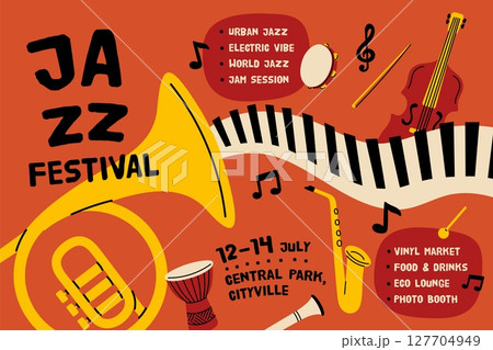 Jazz festival poster. Musical event announcement template, abstract composition, acoustic instruments, live concert, party invitation design, performance saxophone, garish vector concept 127704949