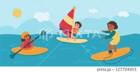 Kids in water sport. Junior athletes go sup, rowing, kayaking, windsurfing, children on sea waves, summer activity, ocean landscape, cartoon flat isolated garish vector concept Kids in water sport. Junior athletes go sup, rowing, kayaking, windsurfing, children on sea waves, summer activity, ocean landscape, cartoon flat isolated garish vector concept 127704955