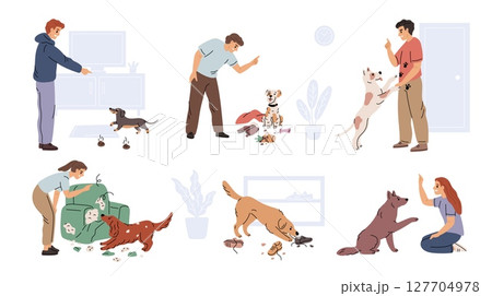 Raising pets. Owners raise domestic animals, naughty dogs, behavior correction, training process, dog handlers and psychologists, puppy break things, garish vector cartoon flat set 127704978