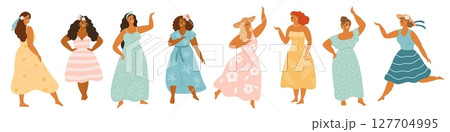 Summer body positive women. International beautiful fat girls in light patterned dresses and sundresses, straw hats, female figures, flowers in hair, garish vector cartoon flat set Summer body positive women. International beautiful fat girls in light patterned dresses and sundresses, straw hats, female figures, flowers in hair, garish vector cartoon flat set 127704995