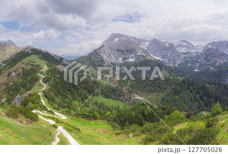 Mountain valley with tracks near Jenner mount in Berchtesgaden National Park Mountain valley with tracks near Jenner mount in Berchtesgaden National Park 127705026