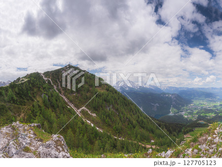 Mountain valley near Klettersteige am Jenner in Berchtesgaden National Par, Alps Mountain valley near Klettersteige am Jenner in Berchtesgaden National Par, Alps 127705123