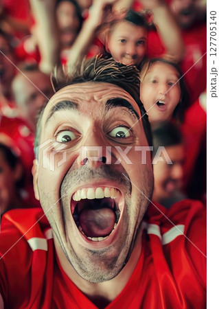 A football fan at the stadium cheers for his team. A dedicated fan waves his team's flag high, celebrating every moment of the game with infectious enthusiasm and joy. 127705140